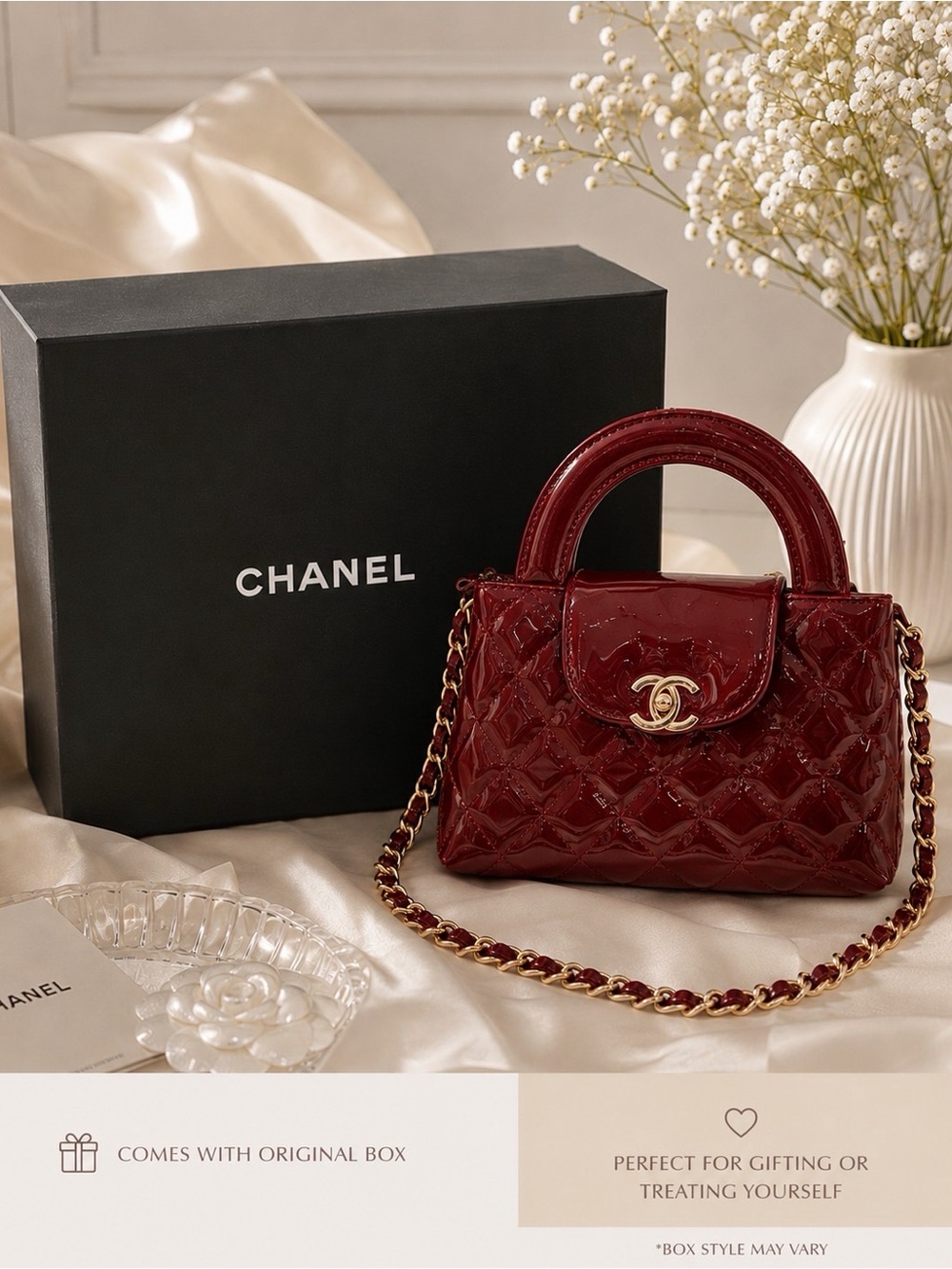 CHANEL Burgundy Patent Quilted Mini Top-Handle Bag